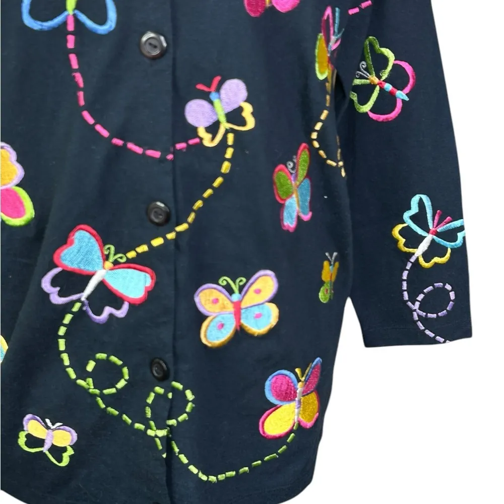 Vintage Michaell Simon lite vintage embroidered butterfly cardigan Cotton small Black - Image 2
