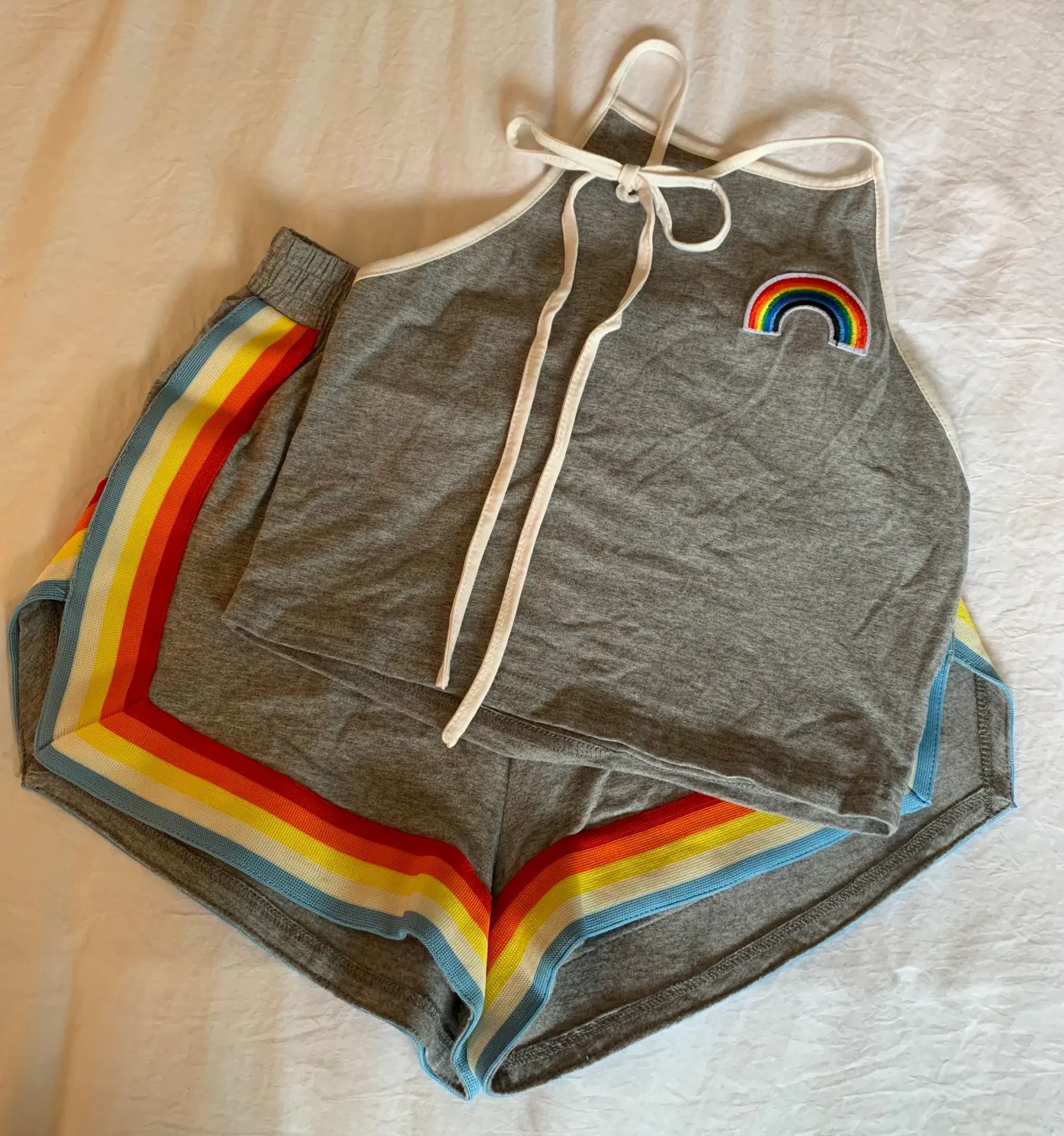 Rainbow 🌈 Halter Crop Top And High Waisted Shorts Set Gray - Image 2