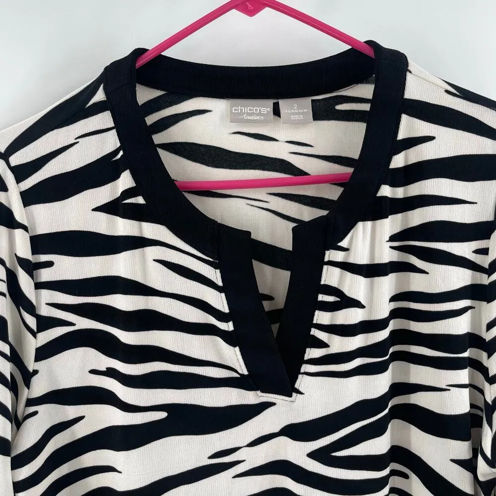 CHICO'S Travelers Top Size 2 (US 12/14) Classic Zebra Print Split-Neck Vacation - Image 5