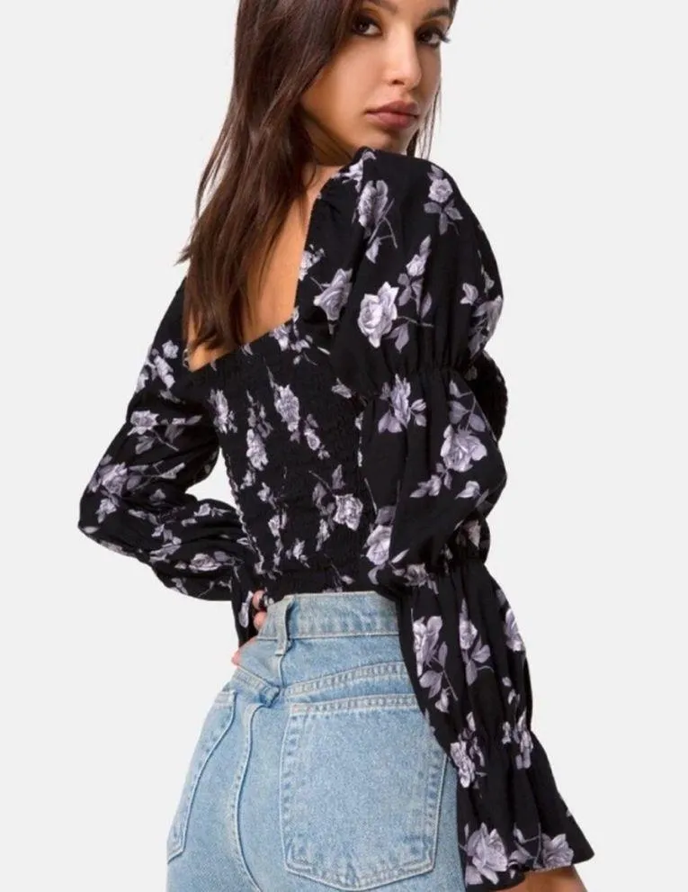 UO Motel Velina White Rose Black Puff Sleeve Top Size Small - Image 6