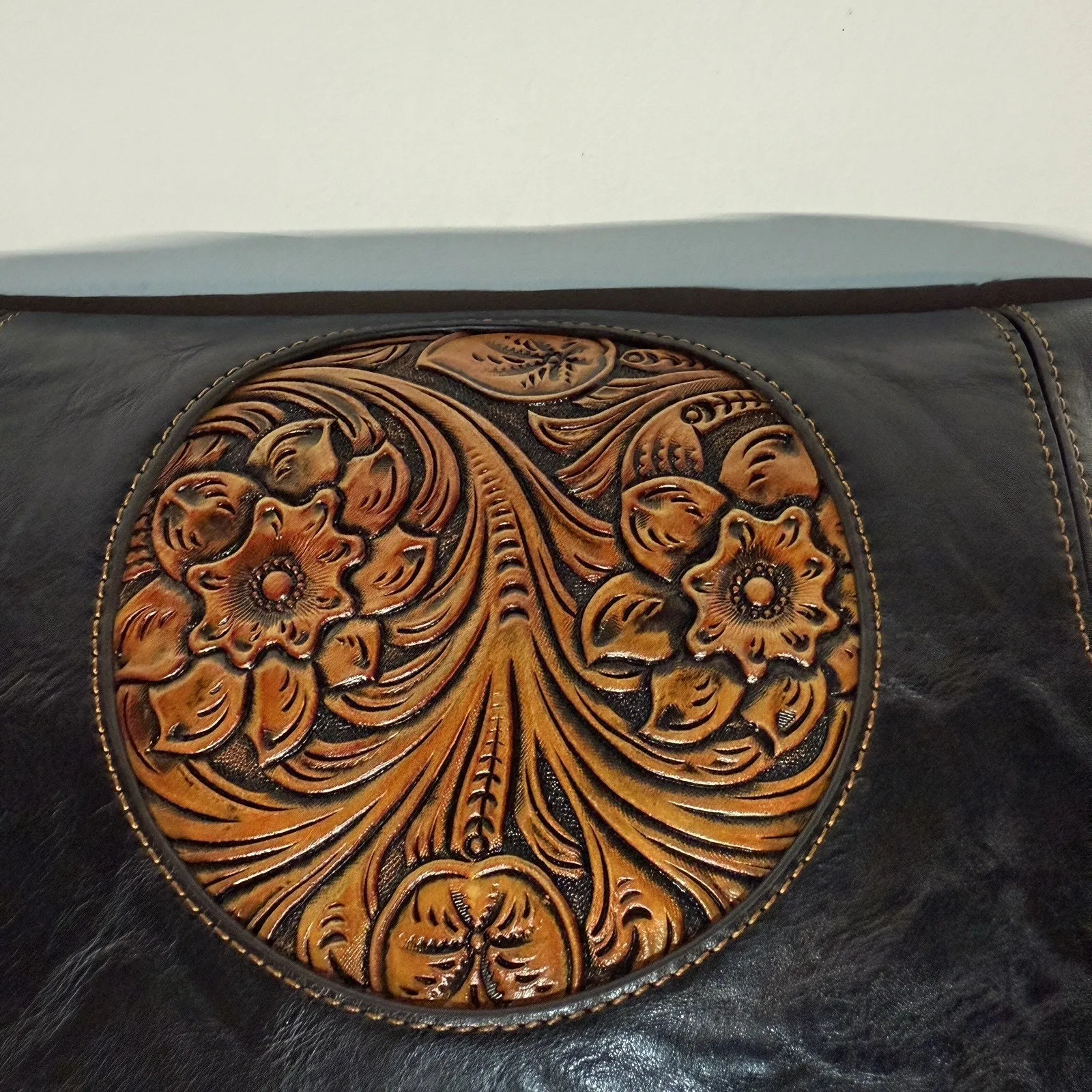 Carved Leather Retro Handbag Tote Purse w/ Floral Design - Image 3