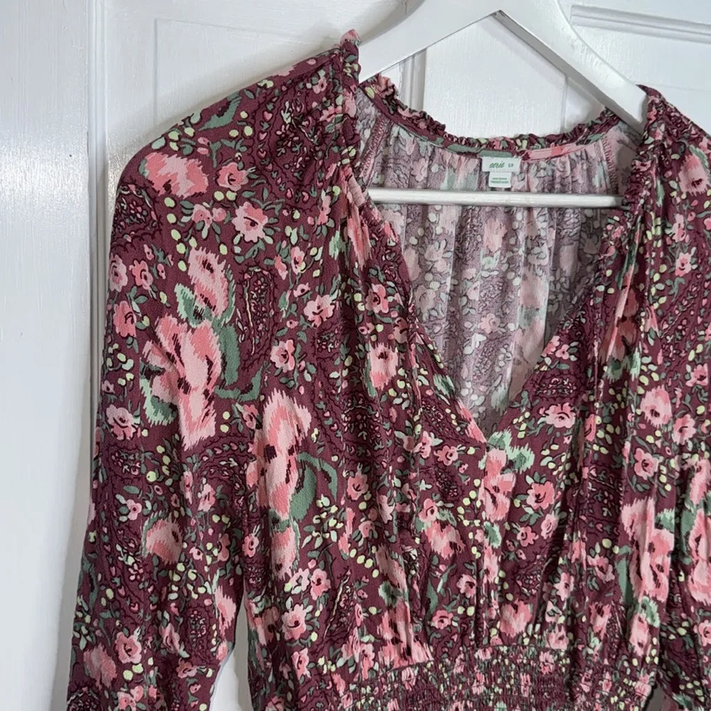 Aerie Floral Long Sleeve Smocked Waist and Cuffs Dress W-958 Sz Small - Image 8