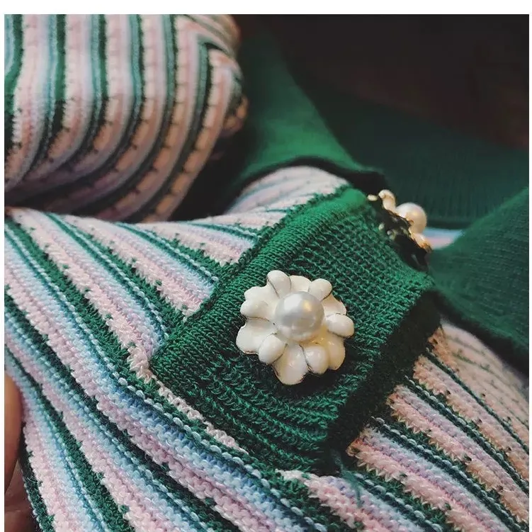 NWOT Loose Knit Green & Pink Stripped Sweater With White Flower Buttons Size M Size M - Image 9