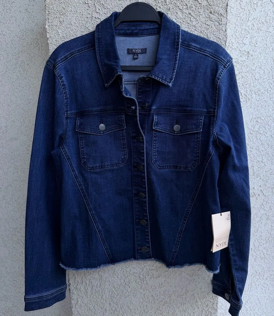 NWT 💙 NYDJ Frayed Hem Stretch Dark Blue Denim Jean Trucker Jacket, Size L - Image 1
