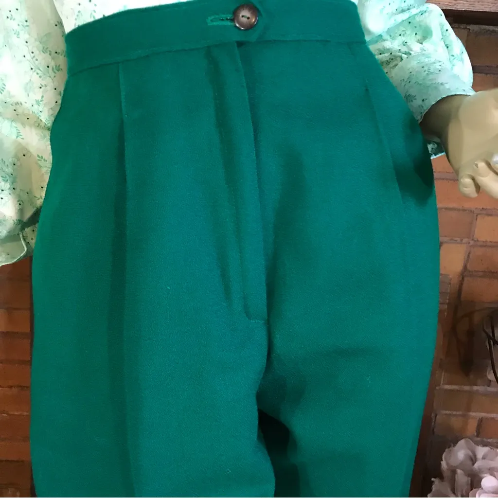 VINTAGE 1980'S DARK GREEN PLEATED HIGH WAISTED TROUSERS (14) - Image 7