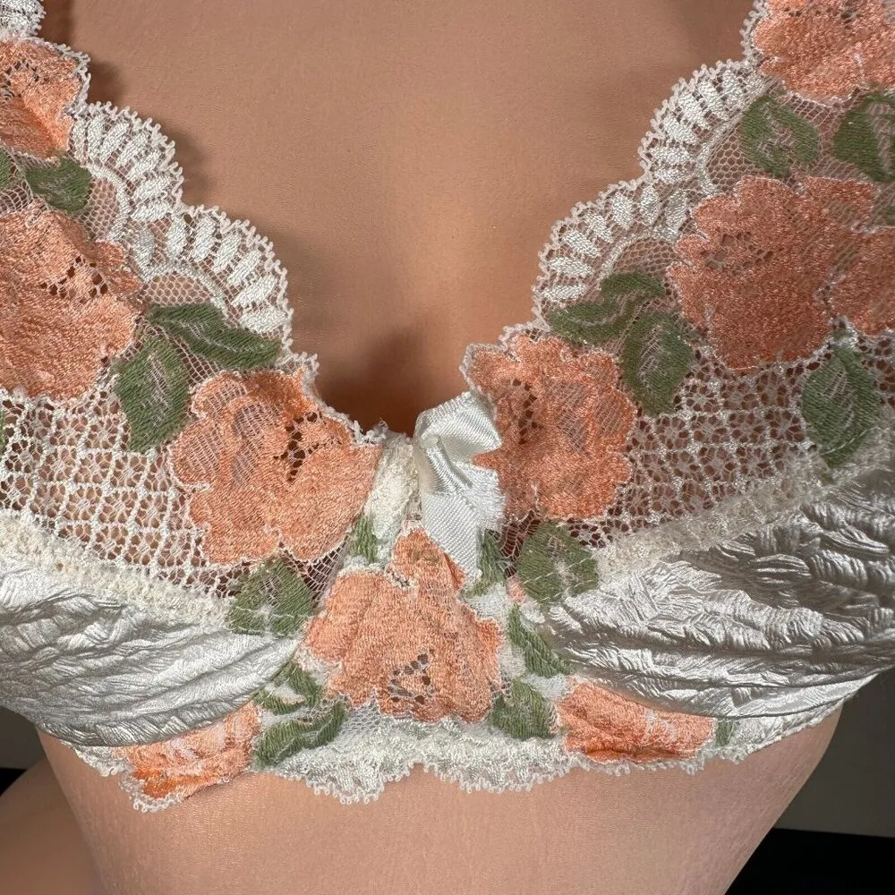 Vintage Spiegel 36D Womens Bra Floral Semi-Sheer Underwire Ivory Back Closure - Image 12