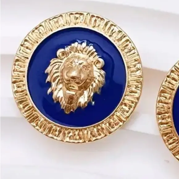 Last Chance! Gorgeous! Lions Head Upscale Earrings Navy Gold - Image 3