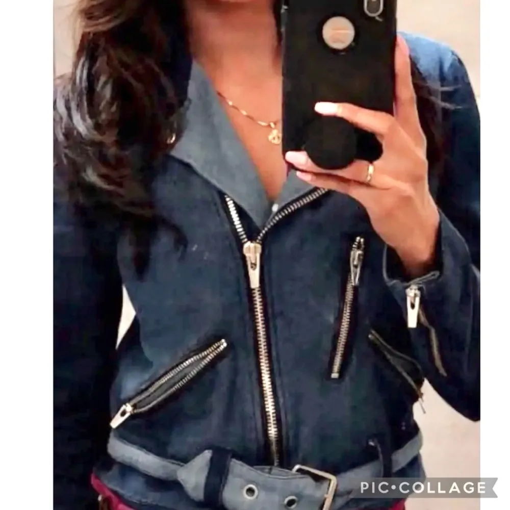 Veda Atmosphere Denim Jacket Moto 3 Tone Trio Blue S Cropped Belted Chic Edgy - Image 15