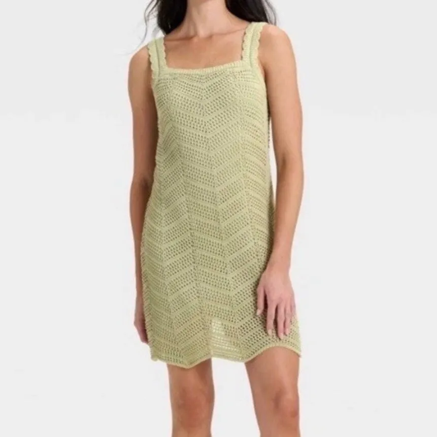 A New Day Crochet Chevron Tank Dress Light Green Size S Square Neck Sleeveless - Image 7