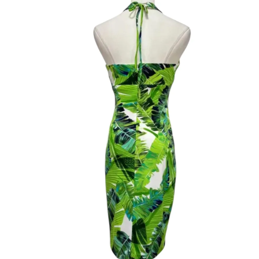 Vintage Cache Y2K Green Tropical Leaf
Print Halter Dress, Size S - Image 3