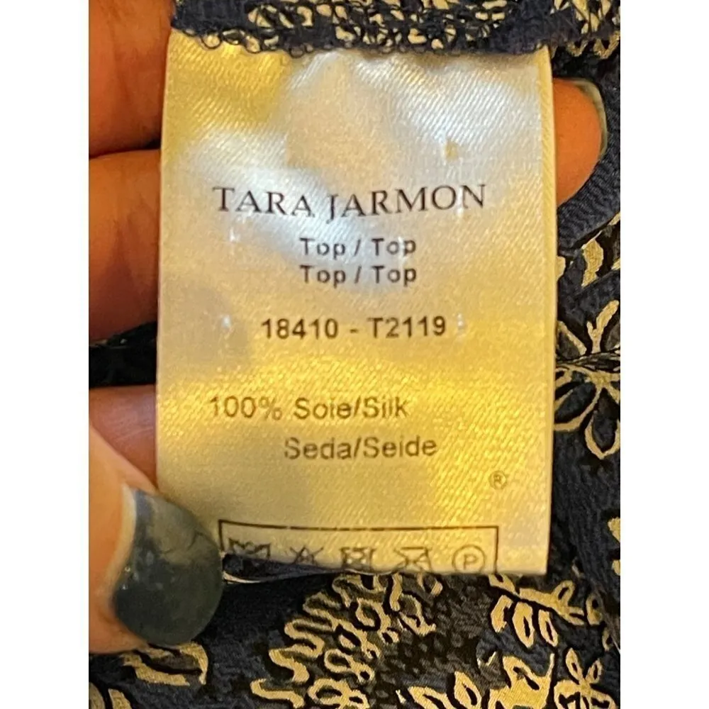 Tara Jarmon Blue Silk Floral Print‎ Collared Button Down Ruffle Cuff Blouse S - Image 9