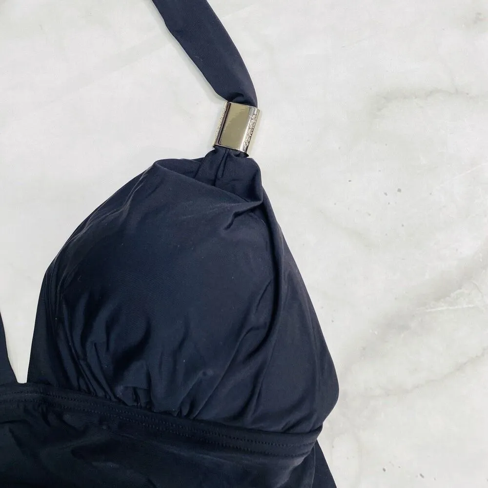 CALVIN KLEIN Black Halter Tankini Top Size XS Ruched Slimming UV Protection New - Image 2