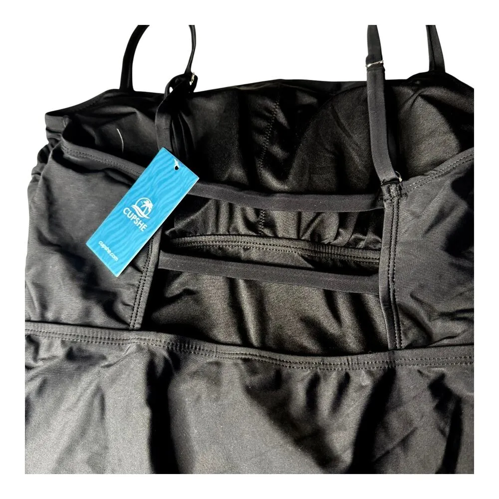 NEW Women's LG CUPSHE SWIMSUIT One Piece Black Strappy Back Rushed Detail NWT - Image 6