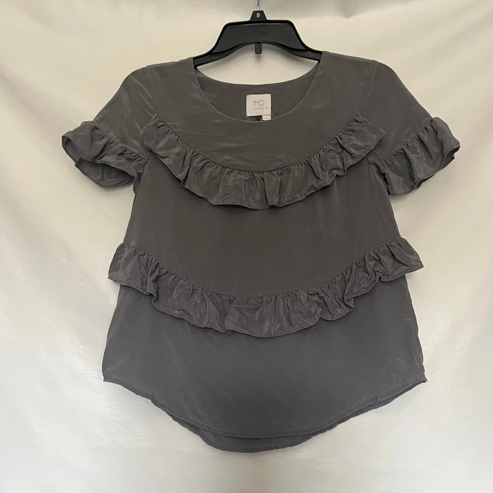 HD in Paris 100% Silk Ruffle Womens Top XS Romantic Cottagecore French Gray - Image 11