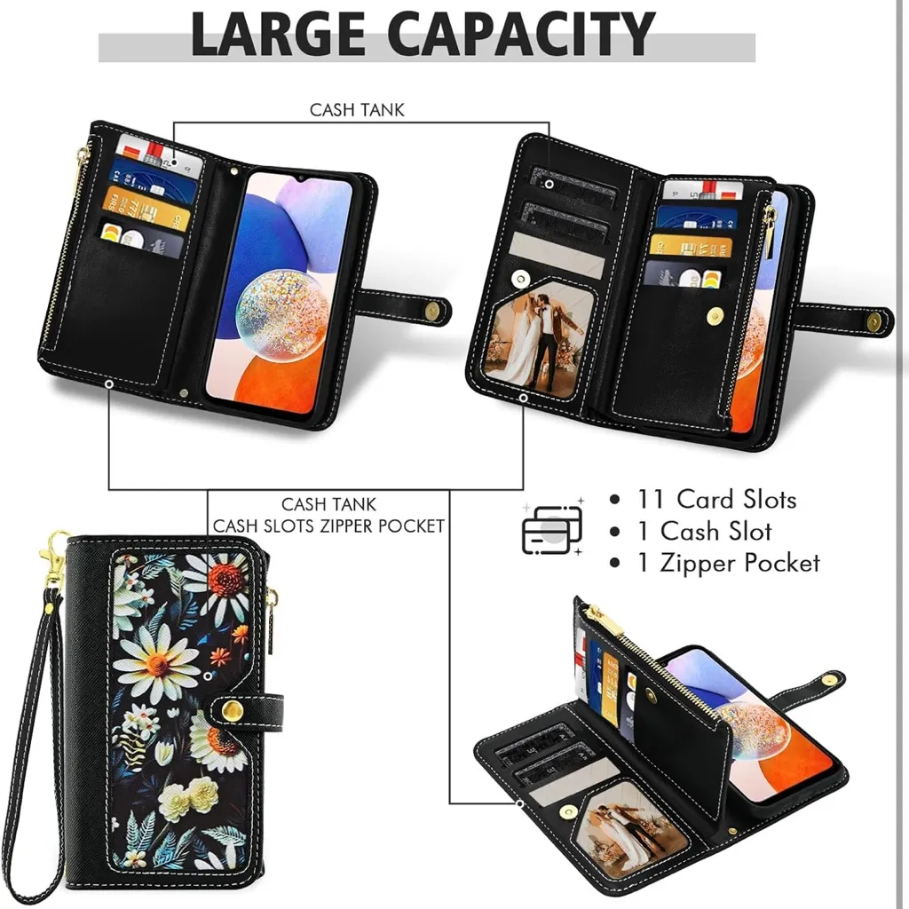 Samsung Galaxy A14 M14 5G Wallet Case Floral Wristlet Black Card Holder FC5 - Image 5