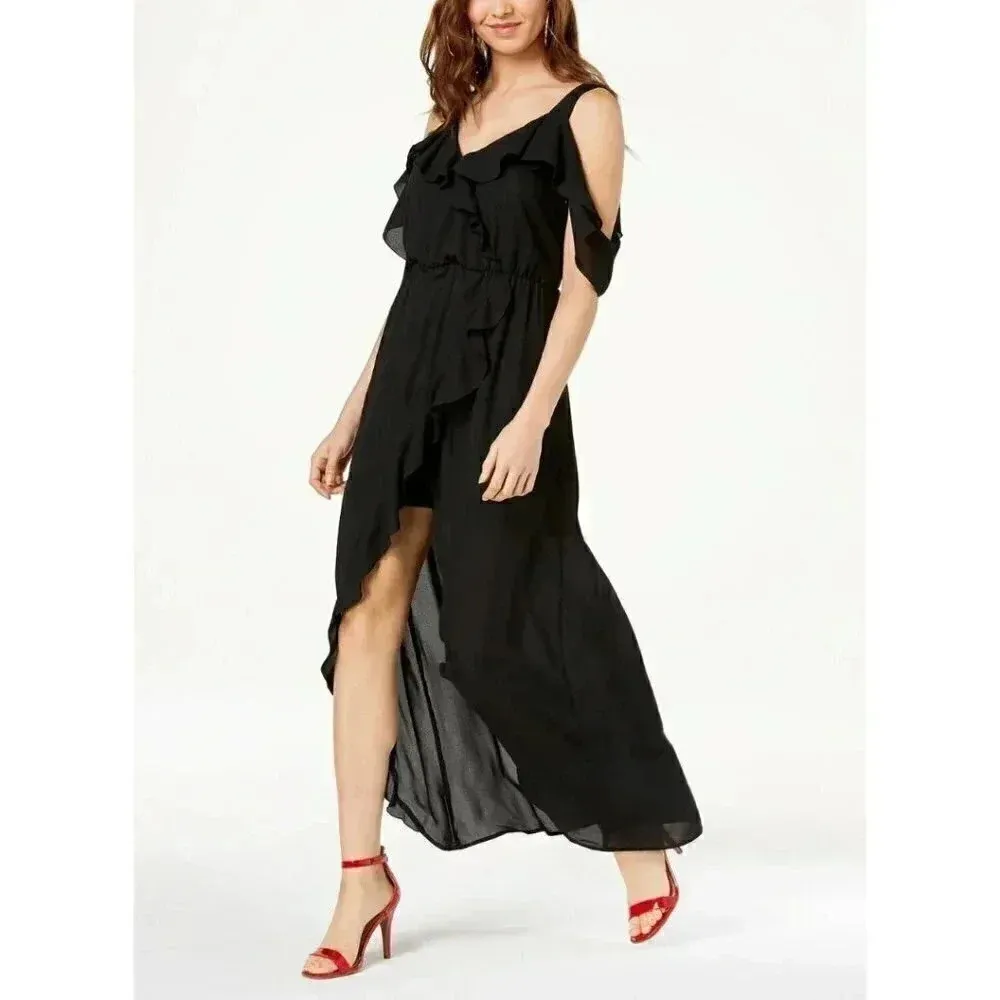 XOXO Juniors' Ruffled Cold-Shoulder High-Low Maxi Chiffon Black Dress NWT XS - Image 7