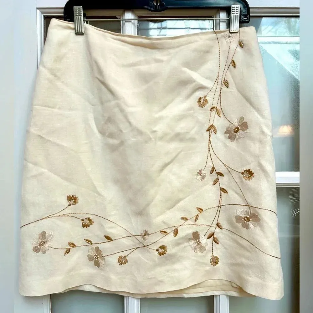 Vintage Annie Alexander Cream Linen Blend Pencil Skirt Floral Embroidery Size 10 Brown - Image 8