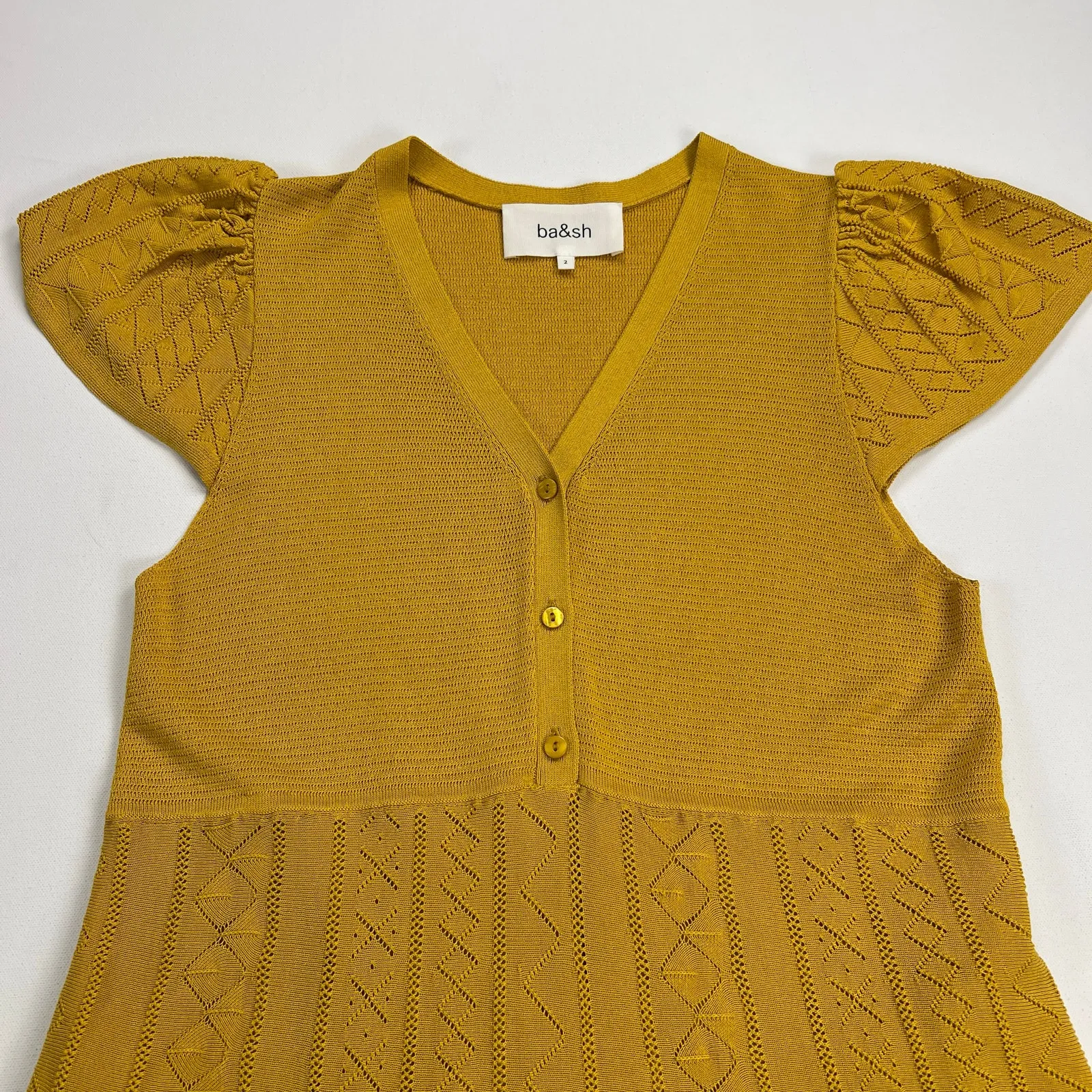 ba&sh Adana Pointelle Babydoll Cap Sleeve Knit Dress Mustard Yellow Lined Size 2 - Image 12