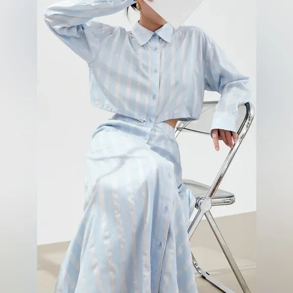 MOUSSY PENELOPE‎ STRIPED BUTTON UP DRESS maxi SIZE Small Blue - Image 8