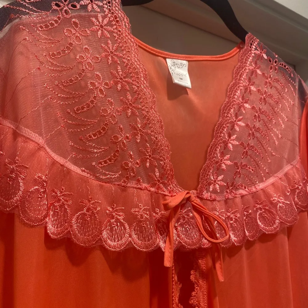 Happie Coquette Coral Pink Lace Ruffle Trim Midi Negligee Nightgown Robe - M - Image 8
