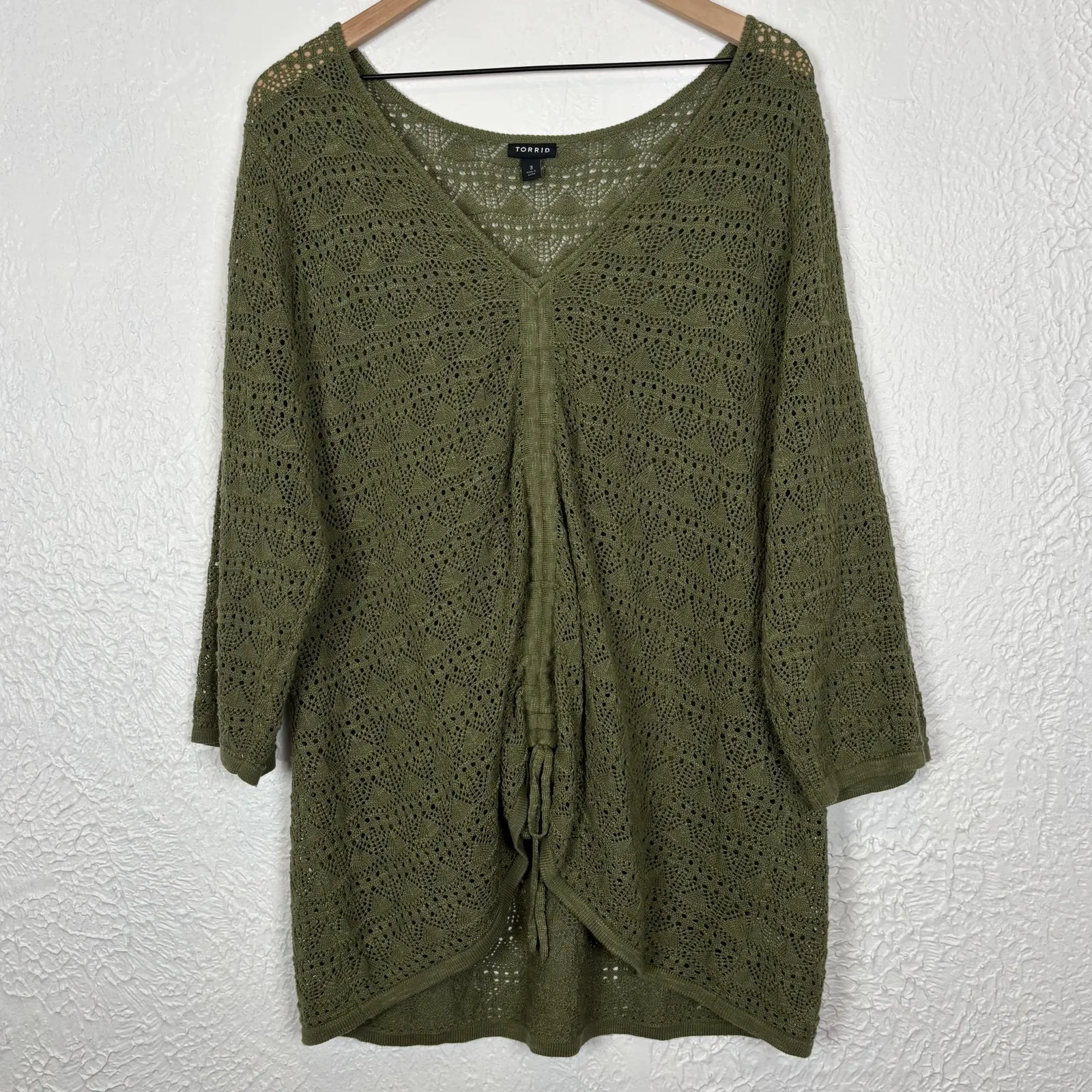 Torrid Open Stitch Pullover V-Neck Cinched Front Sweater Olive Green Size 3 - Image 2