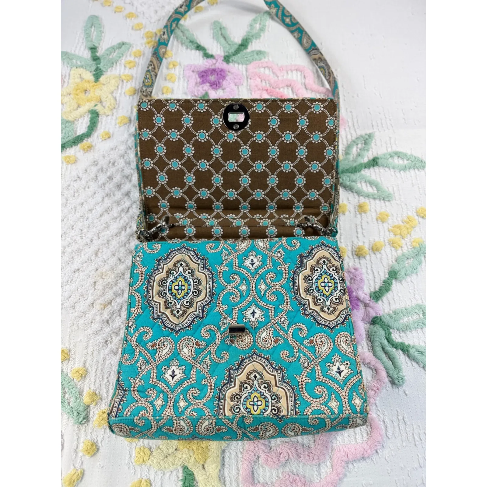 Vera Bradley Shoulder Bag Teal Paisley Pattern Flap Top Closure - Image 4
