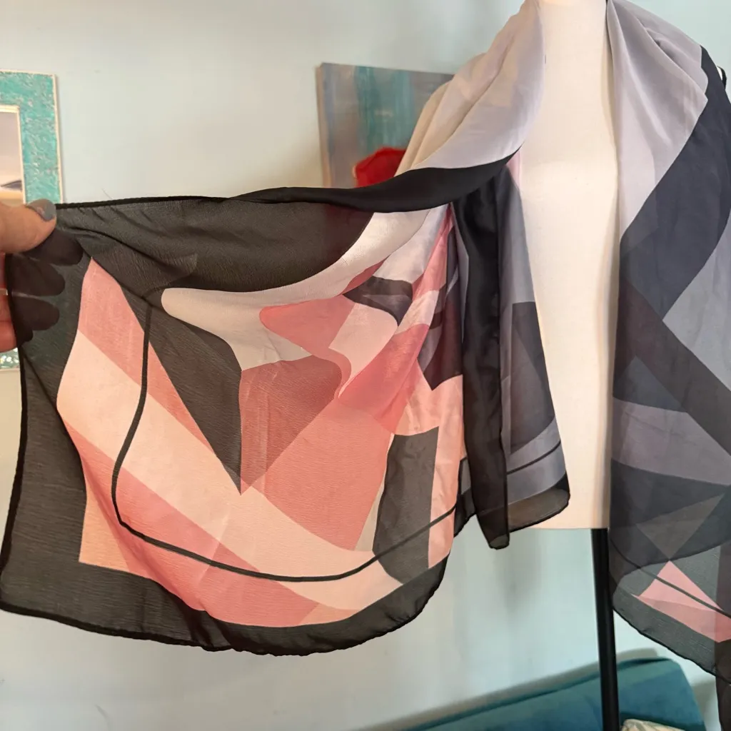 Source Unknown Geometric Patterned Scarf - Black, Gray, Pink silk feel polyester vintage - Image 2