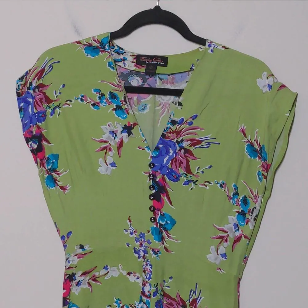 Trashy Diva Womens Sheath Dress Green Midi Floral V Neck Sleeveless Ruffle 6 - Image 2