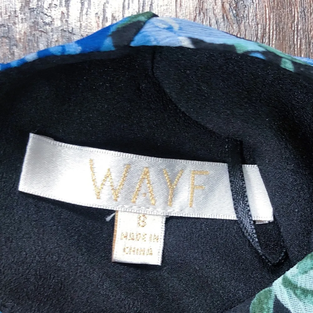 WAYF • Blue Floral Tiered Midi Dress open tie back blouson black rose print - Image 4