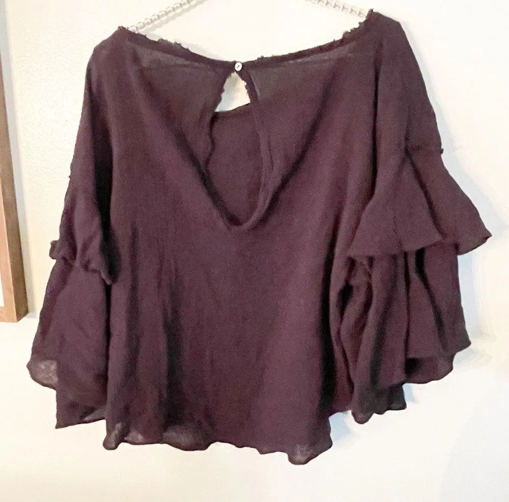 Free People Size Medium Ruffle Tiered Sleeve Gauze Black Blouse Bohemian Top - Image 5