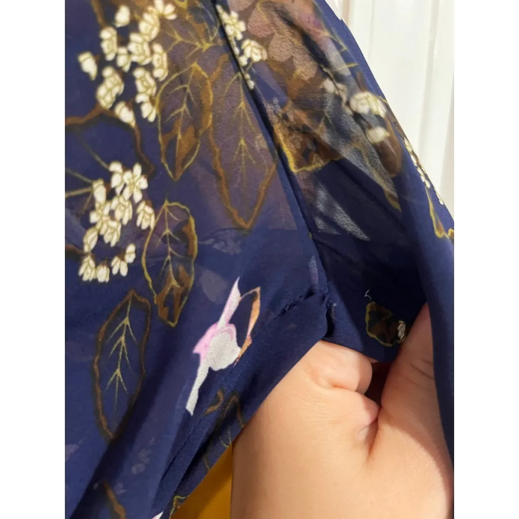 Mikael Aghal Navy Floral Ruffle Midi Dress Tassel Tie Women’s Size 4 Blue - Image 7