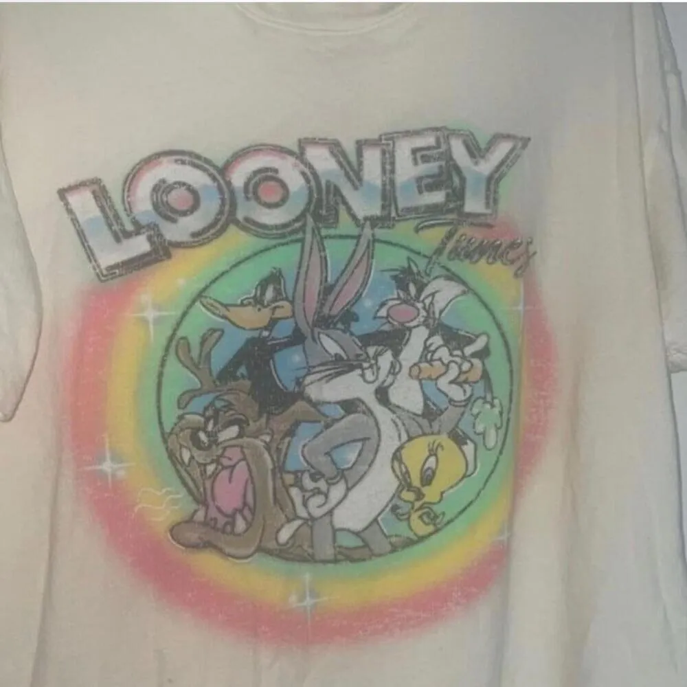 Faded yellow looney tunes rainbow graphic shirt top FLAWS - Image 3