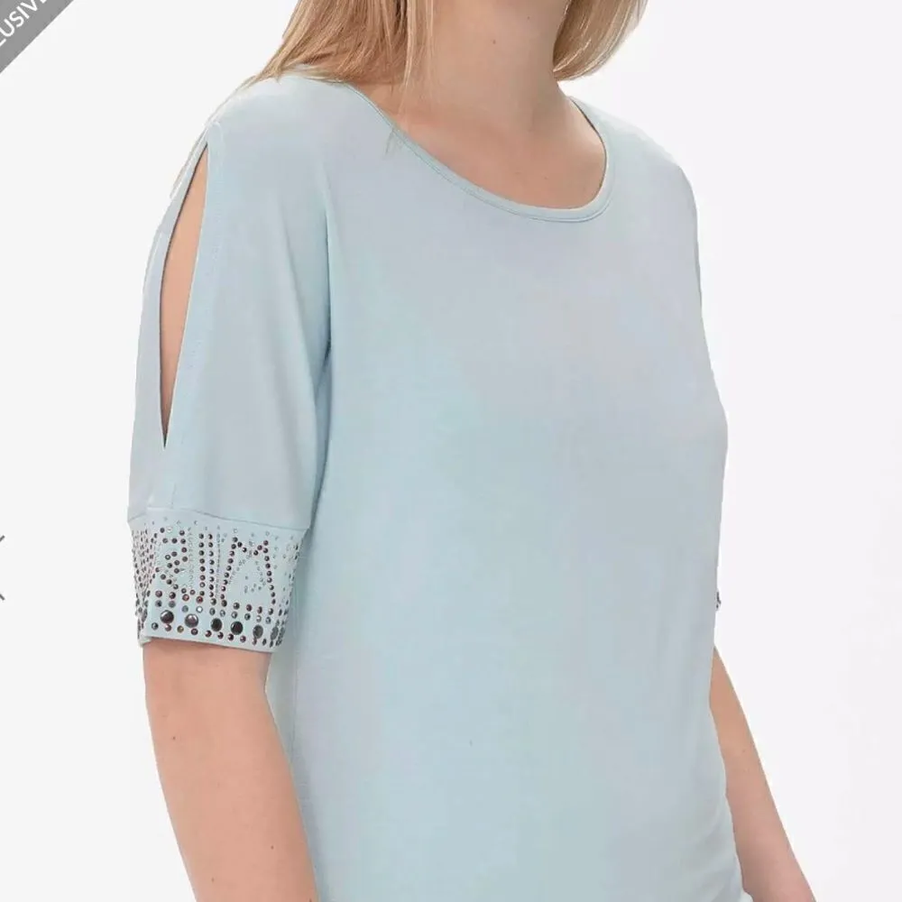 BKE Boutique Cold Shoulder Open Back Embellished Rhinestone Top - Image 3
