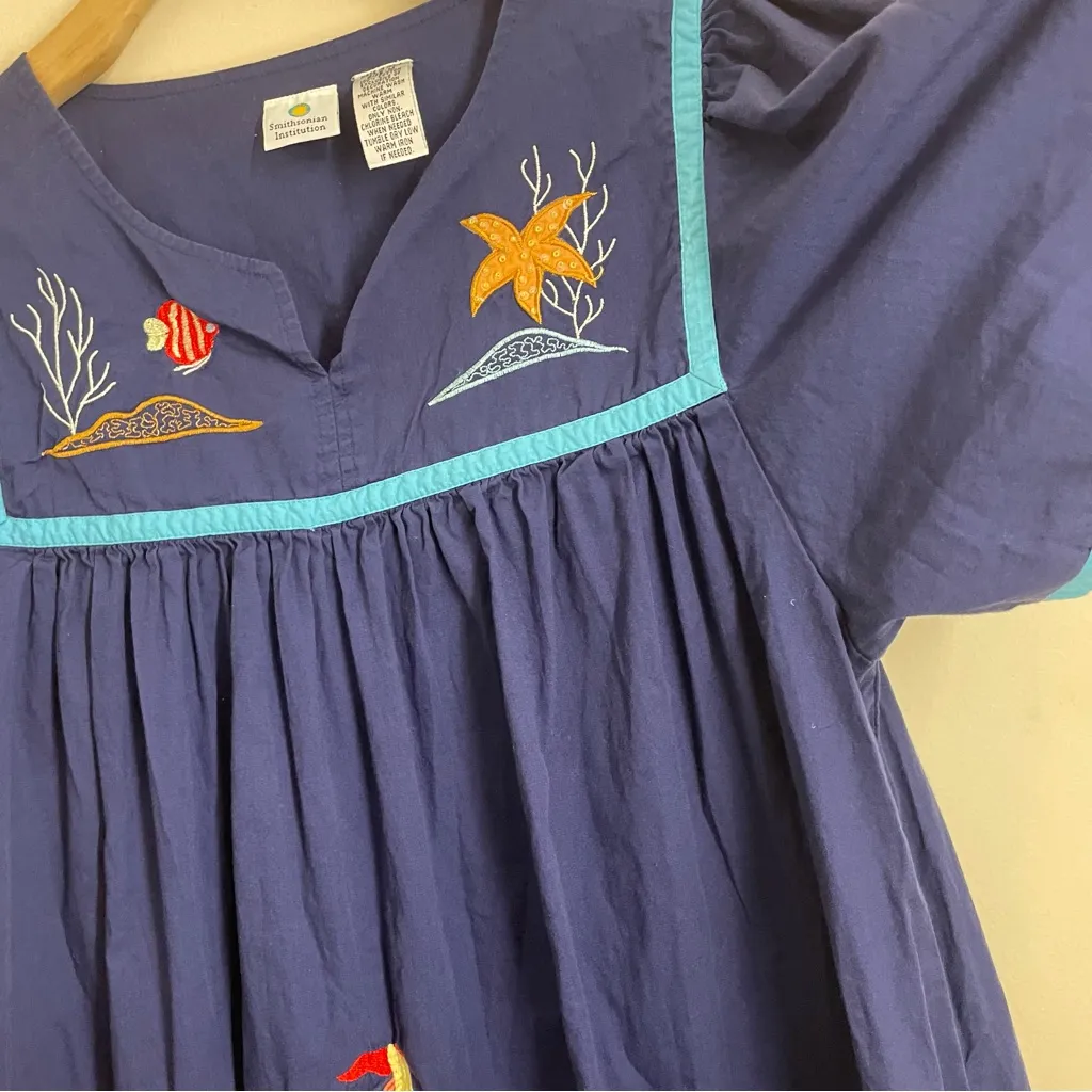Smithsonian Institute Blue Cotton Embroidered Dress M Ocean Sea Life Sail Boat Size M - Image 5