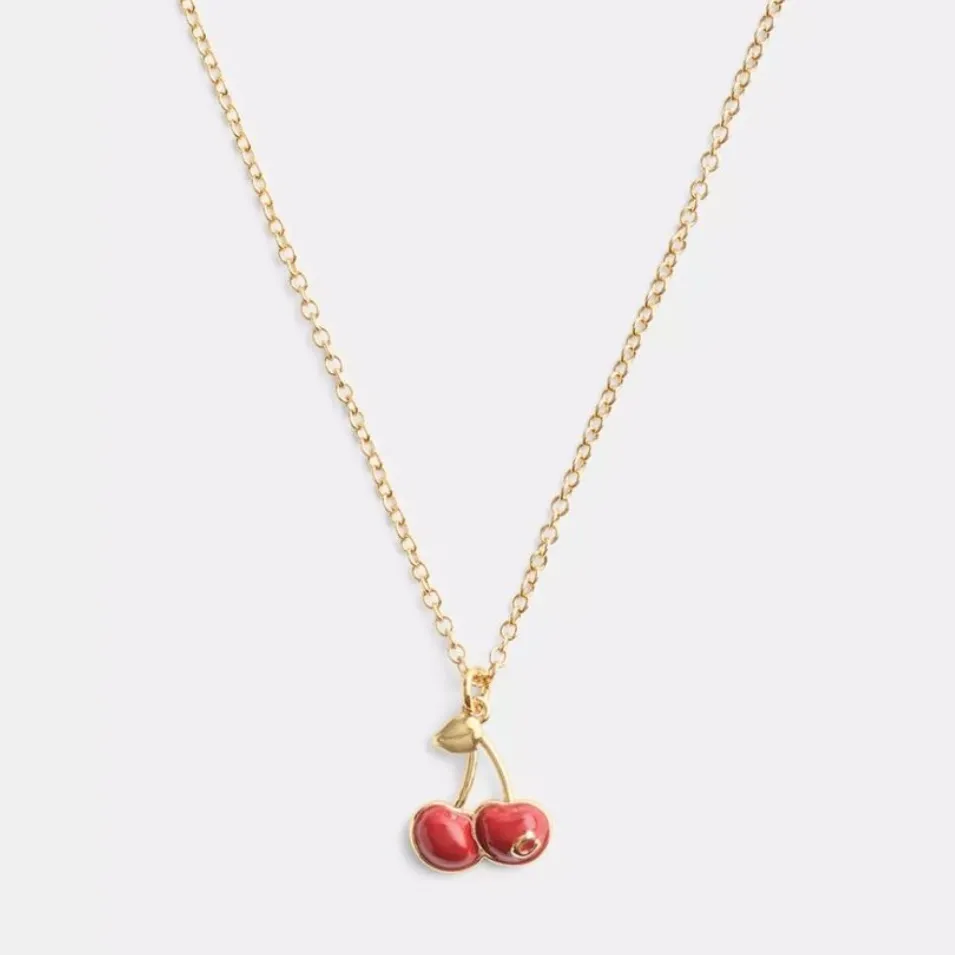 New Coach Cherry Charm Pendant Necklace; Gold/Red. With Tag, Card and Polybag - Image 5