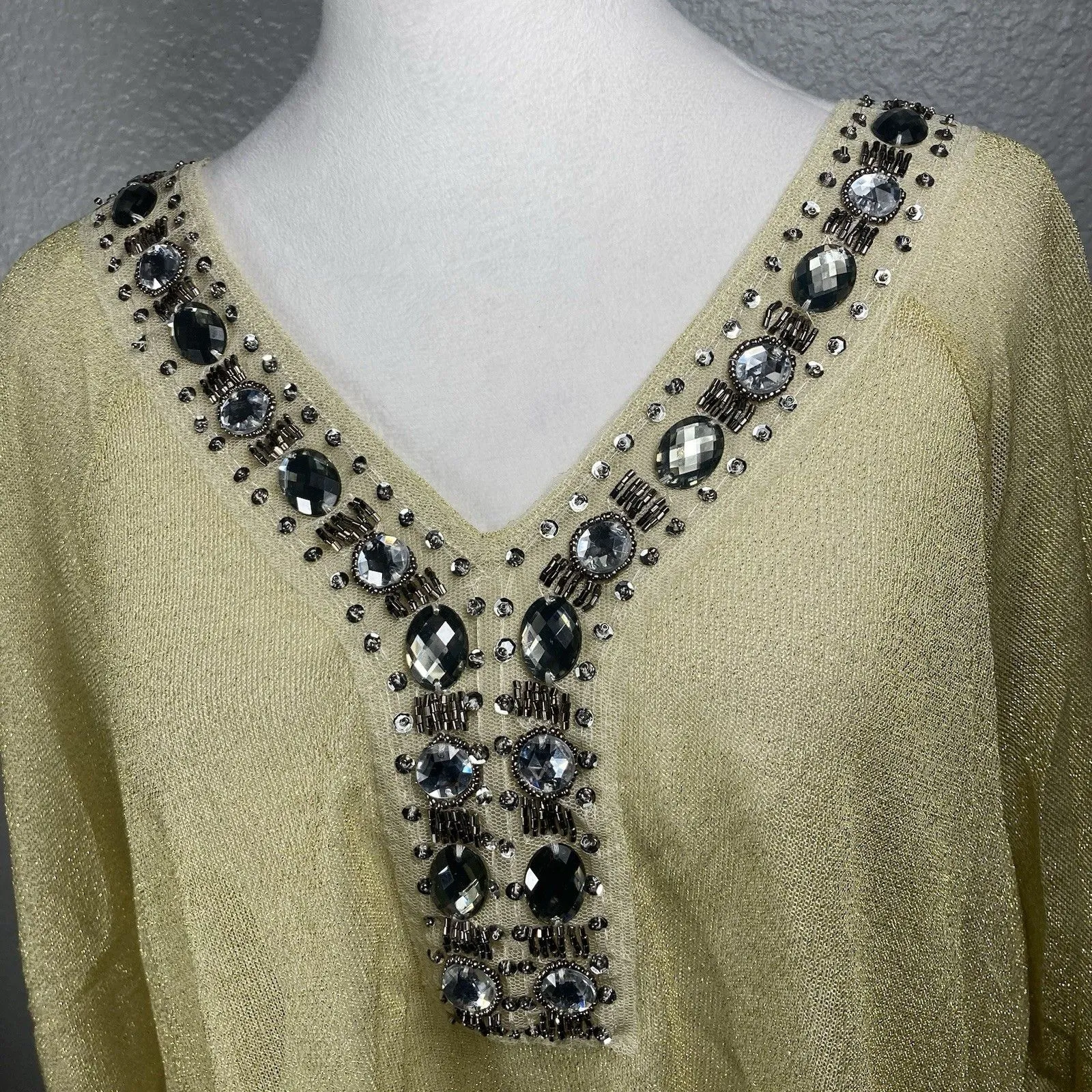 Sheer Gold Metallic Blouse Top M Pullover Tunic Beaded Sequins NYE Party New $48 - Image 2
