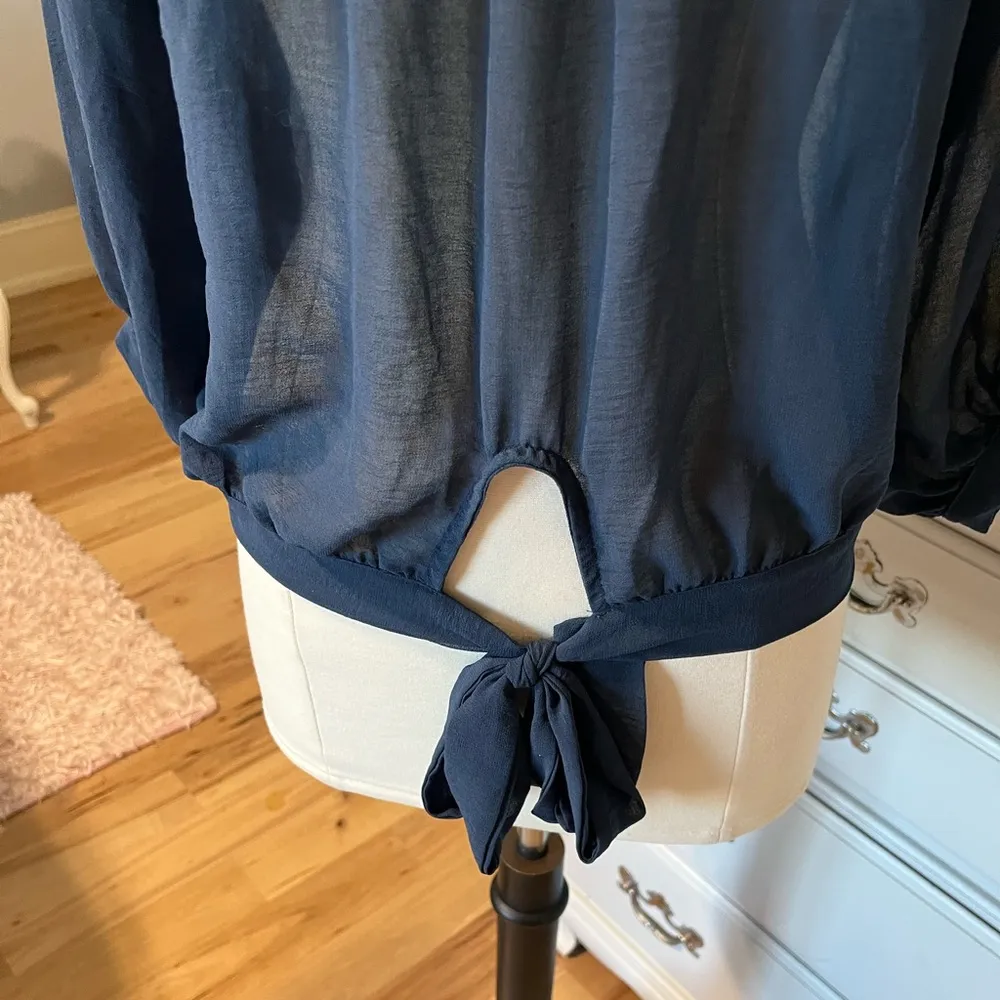 Potters Pot Navy Blue Blousey Shirt Womens Small Tie Top - Image 5