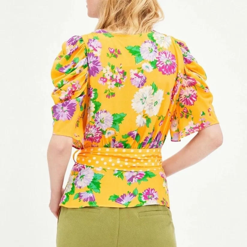 Zara Floral Print Puff Sleeve V-Neck Faux Wrap Blouse Yellow Multi Size Medium - Image 4