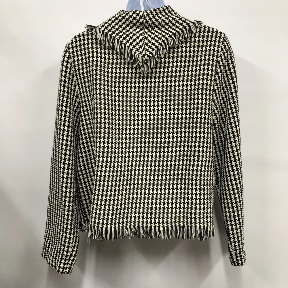 StoneBridge womens jacket blazer suit black & white houndstooth fringe small - Image 2