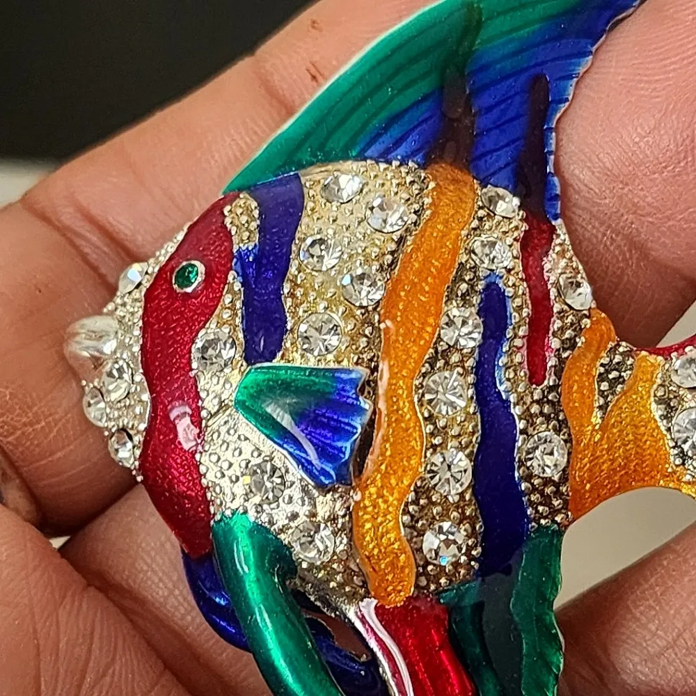 Large Statement Silver Colorful Enamel Angelfish Elegant Brooch Pin - Image 3