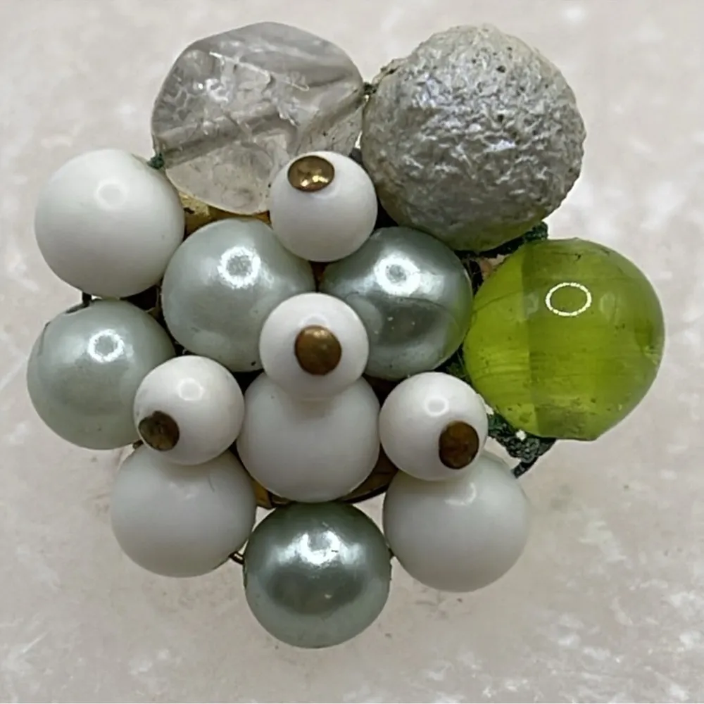 Japan cluster vintage clip on earrings green glass milk glass faux pearl style - Image 3
