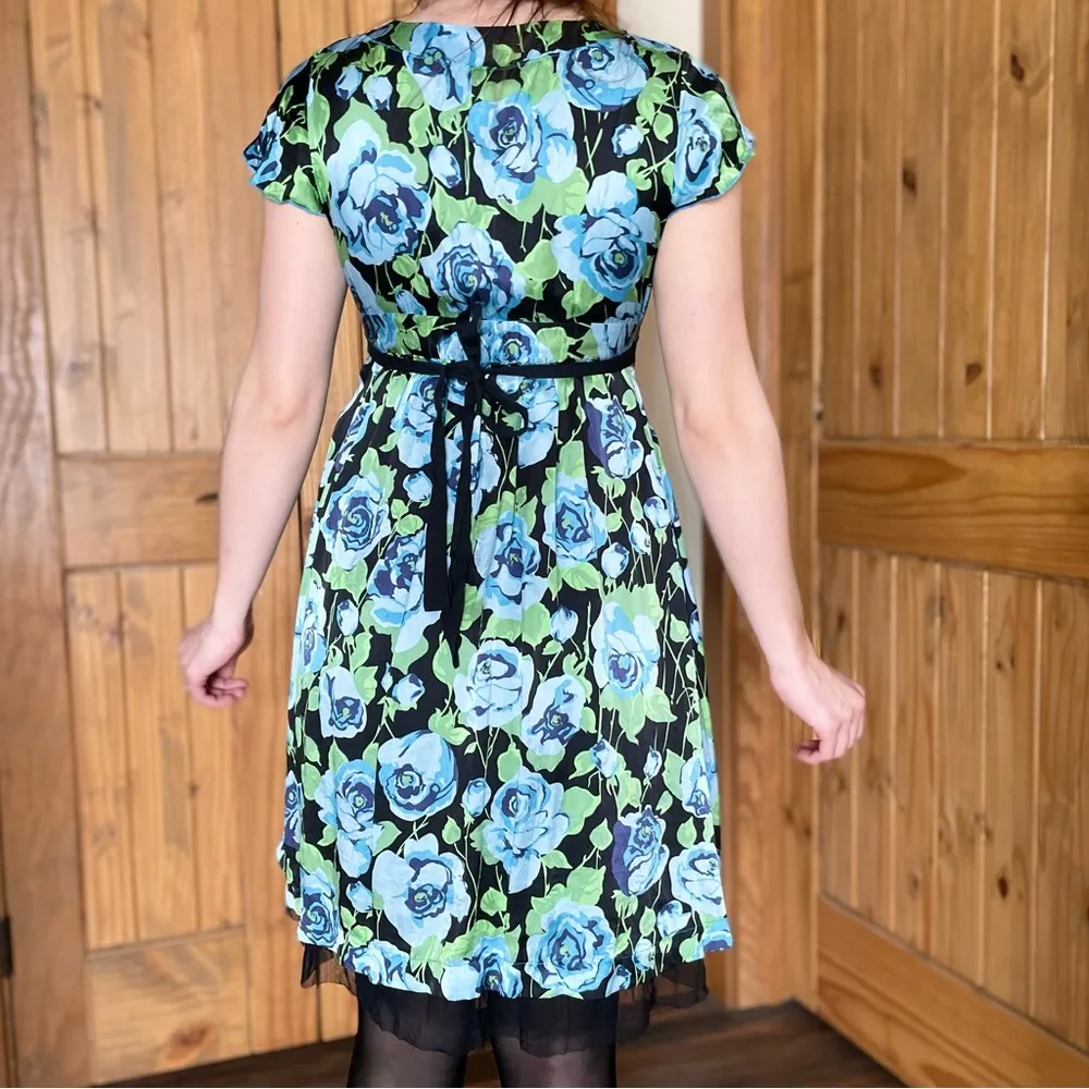 Free People Rosette Floral Whimsigoth Silk Babydoll Plunge V Neck Mini Dress 4 - Image 3