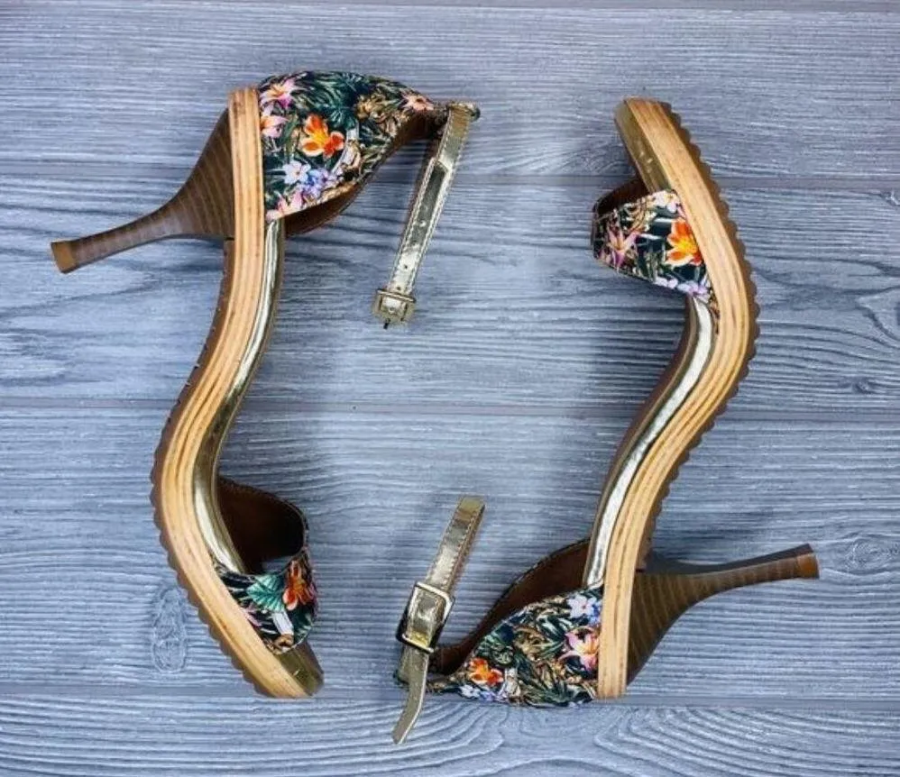 Carmen Steffens Strappy floral cloth heel pumps shoes Size 37/39 or 8 Pink - Image 3