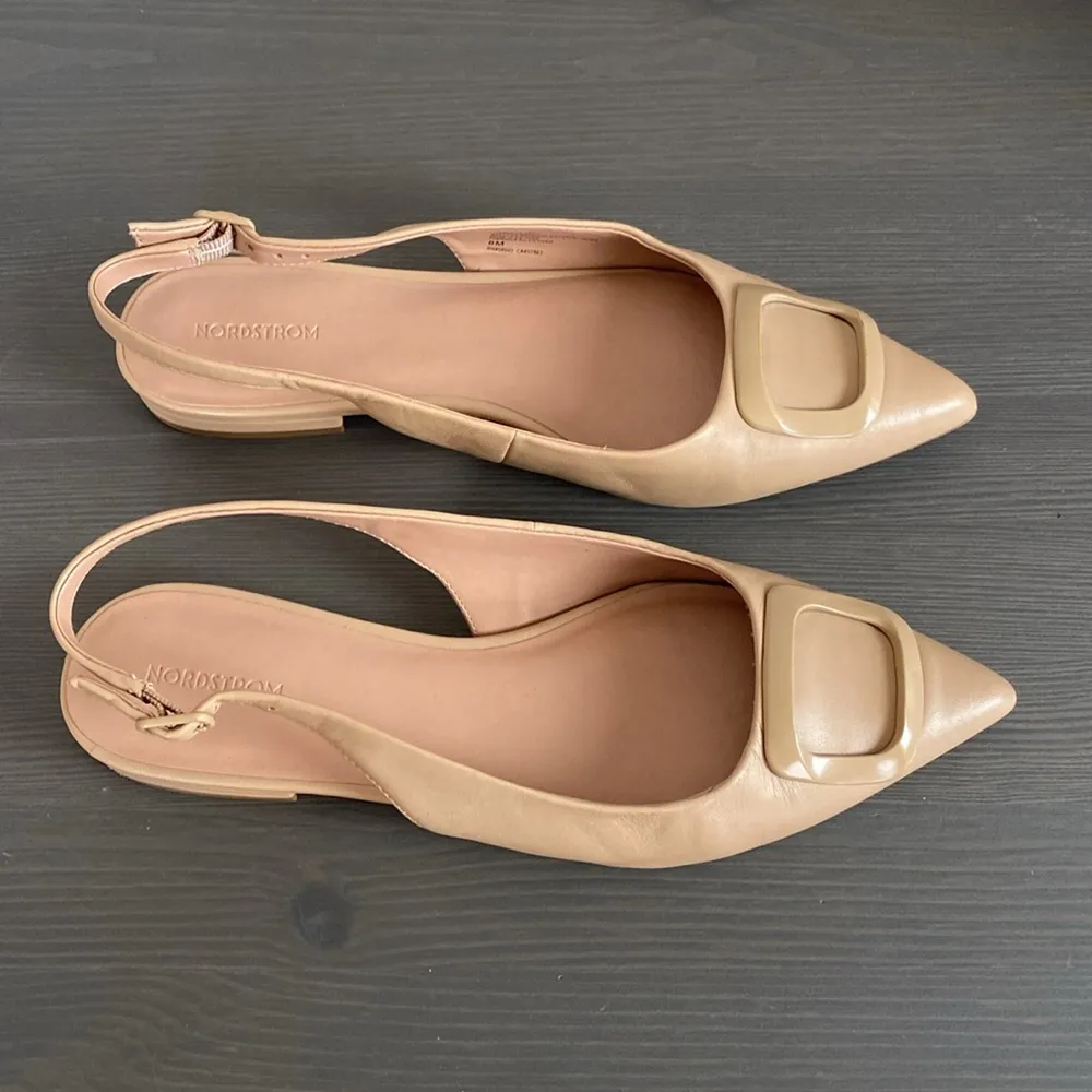 Nordstrom  Весса Pointed Toe Slingback Leather Flat Buckle Accent Tan Size 8 - Image 3