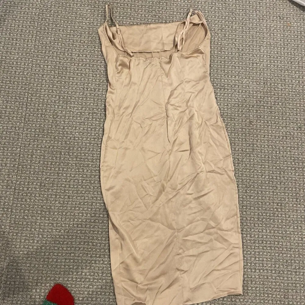 PrettyLittleThing Dress Womens 10 Rust Cowl Neck Satin Midi Tan Slit Nude - Image 5