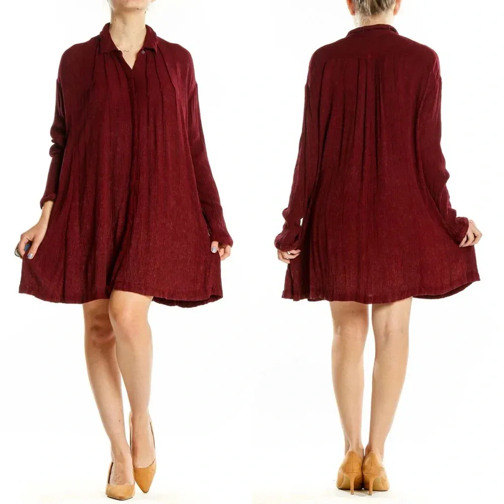 Free People Crinkle Spin Me Tunic Shirt Dress Longsleeve Button Front in Red XS - Image 2