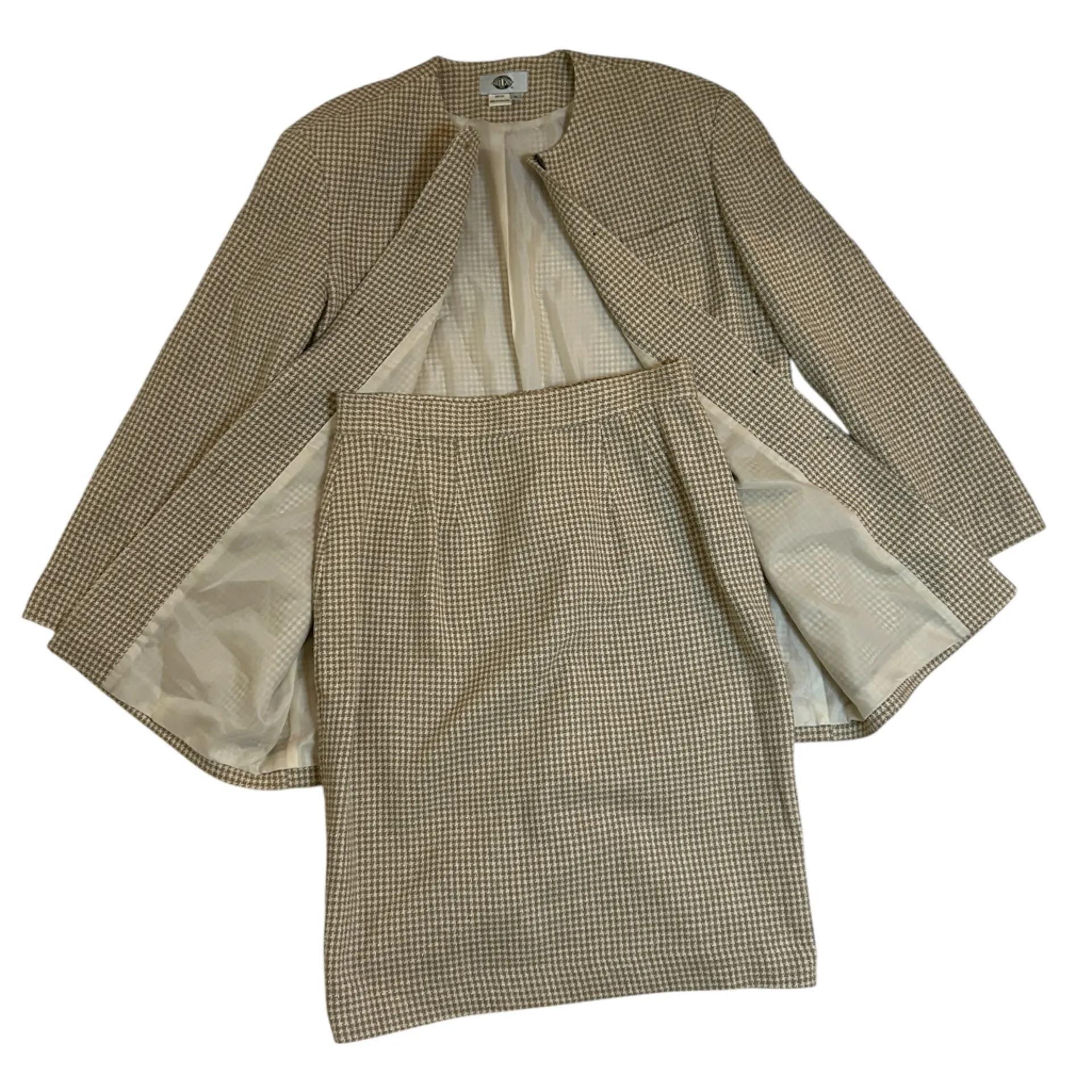 Vintage 90s Silks 100% Silk Houndstooth Blazer Skirt Suit Set Brown Beige Medium - Image 3