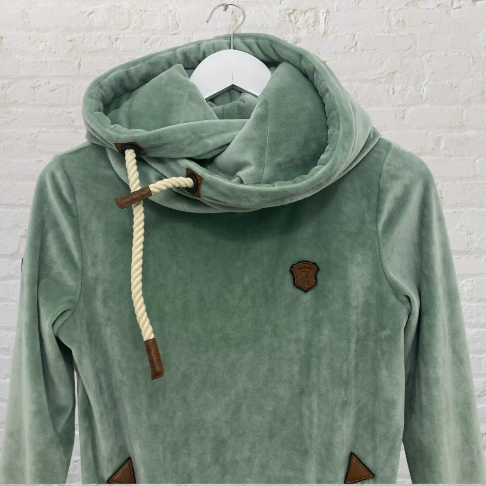 Naketano Darth Mack Velour Cowl Hoodie Sage Green Rope Detail Size S - Image 6