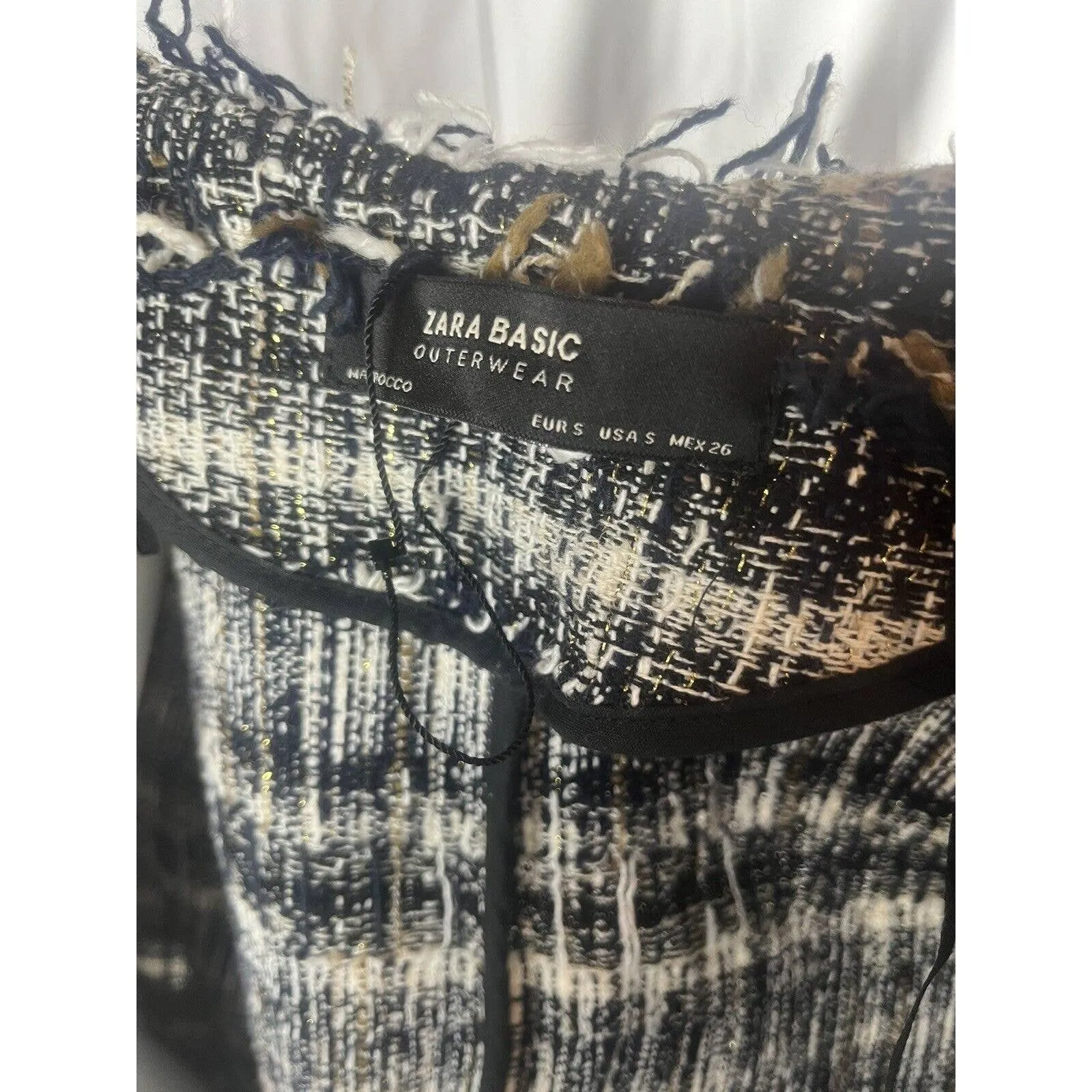 Zara Tweed Open Front Fringe Navy Blazer Jacket‎ S Oversized - Image 5