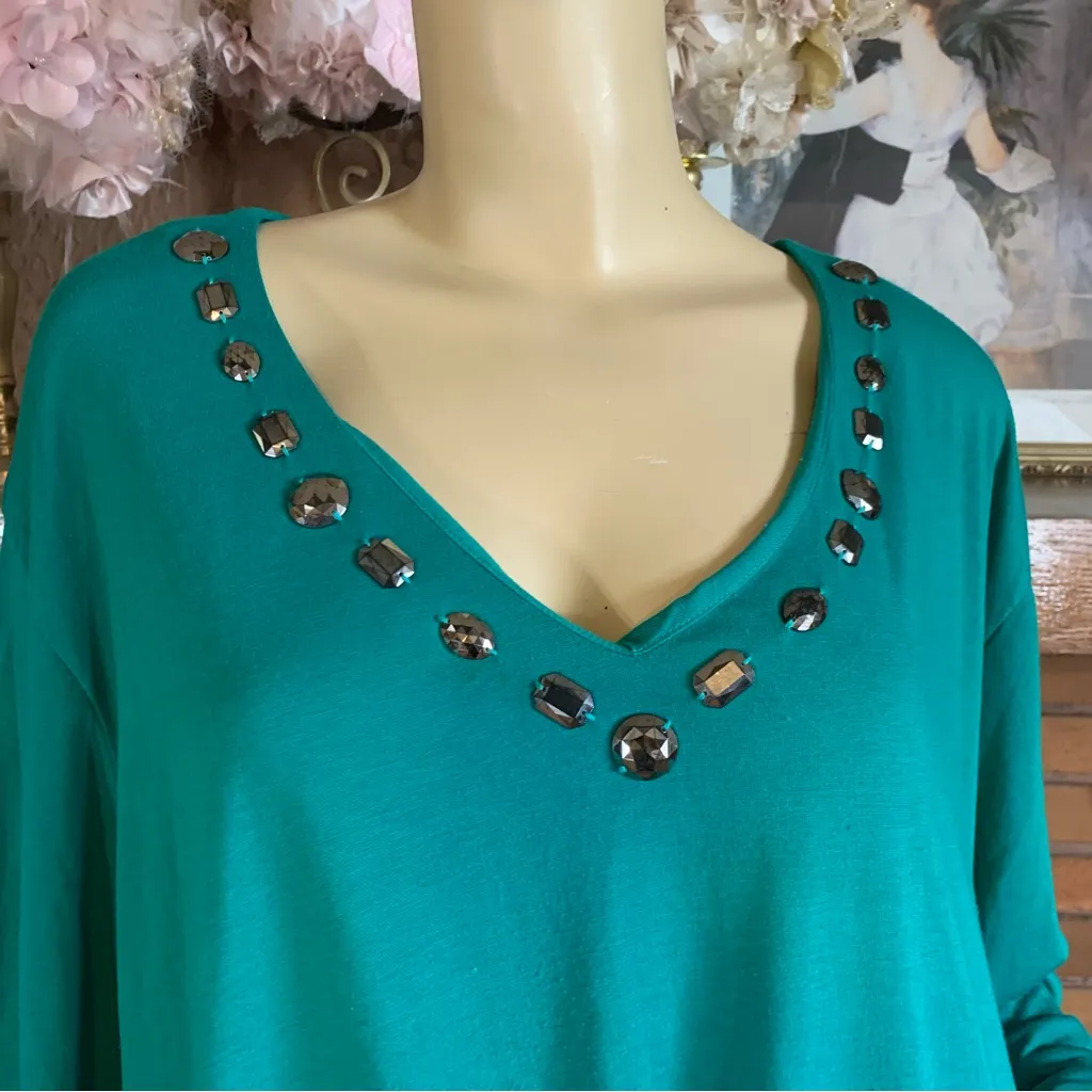 VENEZIA TEAL BEADED NECK DRAWSTRING WAIST V NECK TUNIC (4X) - Image 10